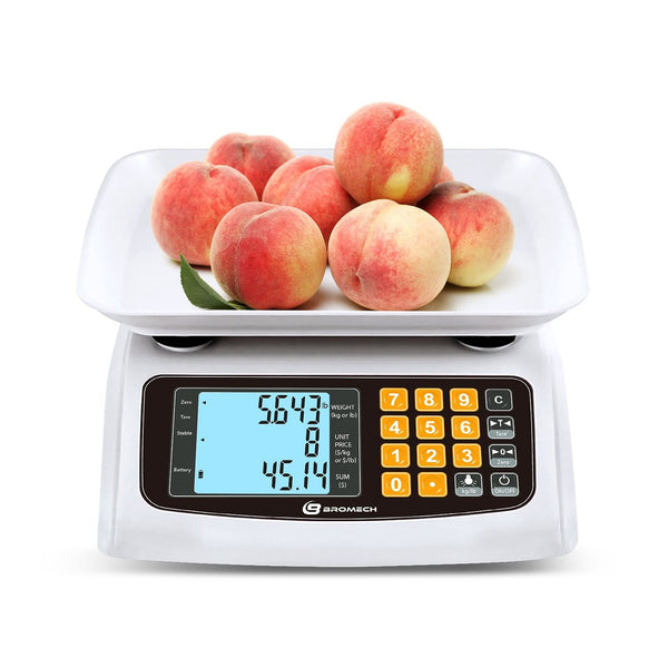 BROMECH Food Scale, Price Computing Scale, IPX7 Waterproof, 66lbs Capacity,  White Backlight LCD, Rechargeable Commercial Meat Produce Weight Scale for
